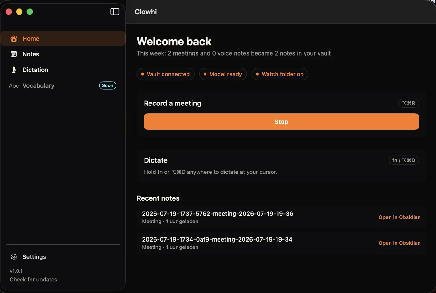 CloWhi Mac app: meeting recording, dictation and a notes vault