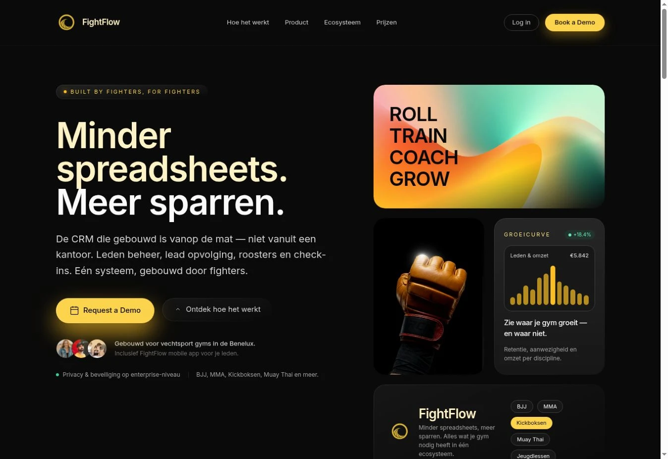 FightFlow public website: less spreadsheets, more sparring